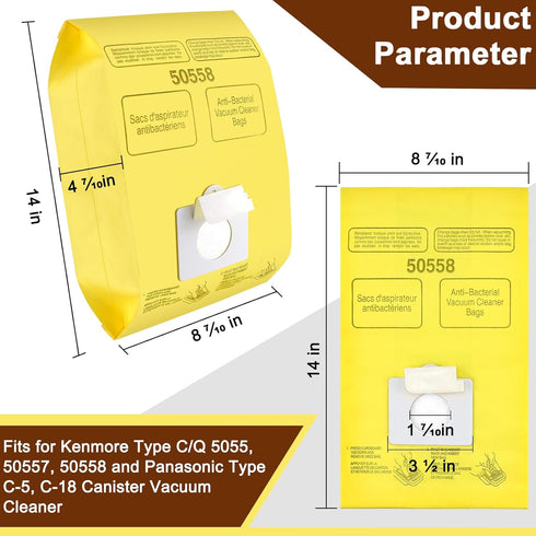 Vacuum Cleaner Bags Replacement for Kenmore Canister Type C/Q 5055, 50557, 50558 and Pana·sonic Type C-5 Vacuums, 12 Pack High-Efficiency Replacement Canister Vacuum Bags