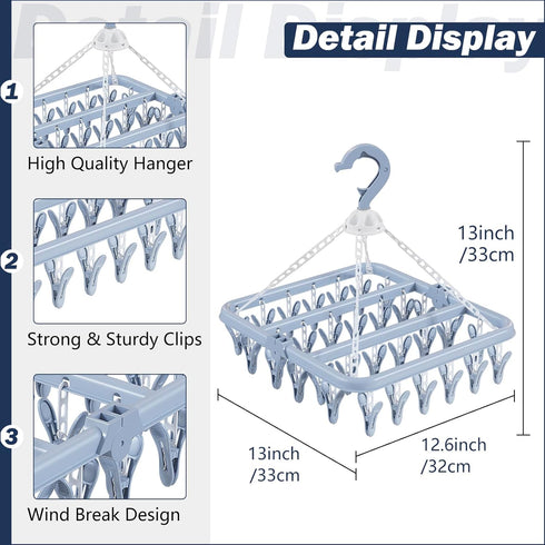 Aolloa Clothes Drying Rack - 32 Clothespins, Foldable Hanging Drying Racks with 360 Rotatable Hook (Blue)