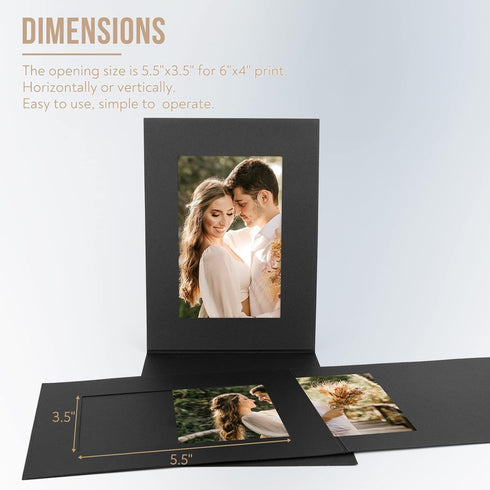Golden State Art Photo Folders, Pack of 100, 4x6 or 6x4 Cardboard Picture Frame, Black for Special Events