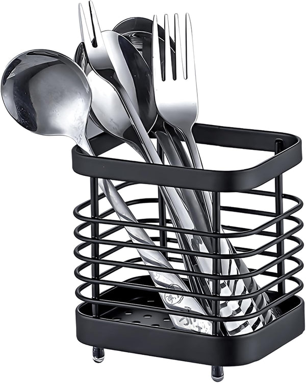 Stainless Steel Sink Utensil Holder, Kitchen Countertop Organizer Rack for Forks, Knives, Spoons, Black