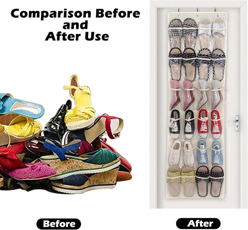 QUMENEY 2 24 Pcs Over The Door Shoe Organiser Pockets, Folding Hanging Organiser Shoes Racks with Hooks, Heavy-Duty