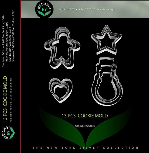 NewlineNY Cookie Molds Cutters Sets: Stainless Steel 13 Pieces Cookie Mold Biscuit Pastry Cutter Set, Man, Star, Heart,
