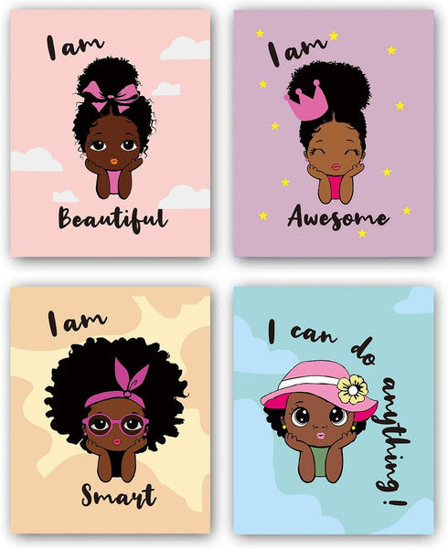 Black Girl Wall Art, Motivational African American Girl Art Painting, Inspirational Decor for Girls Bedroom, Set of 4