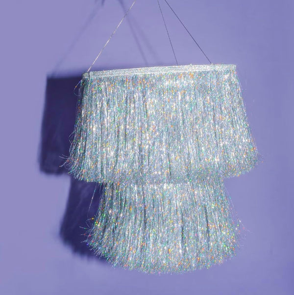 xo, Fetti Fringe Tinsel Chandelier - Iridescent Silver Foil, 16" | Bachelorette