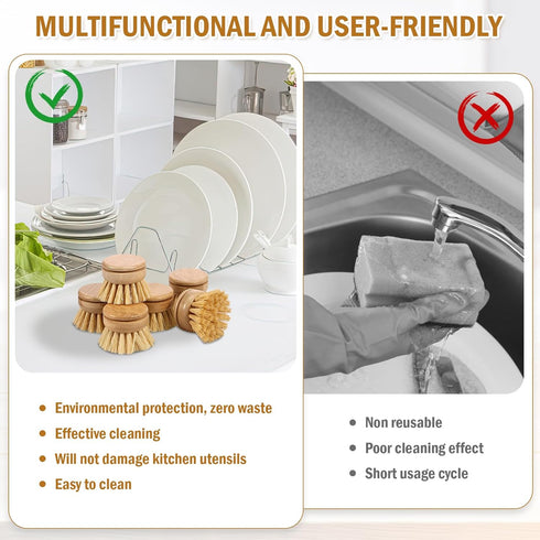 Abizarch 6pcs Bamboo Dish Brush Replacement Heads, Wooden Dish Brushes for Cleaning Kitchen Wood Dish Scrubbers Washing