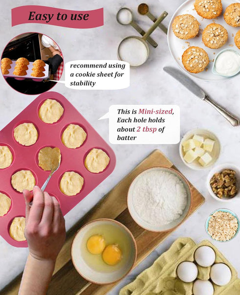 Silicone Mini Muffin Pan, 12-Cup Mini Cupcake Pan with Silicone Pastry Brush, BPA Free, Dark Red