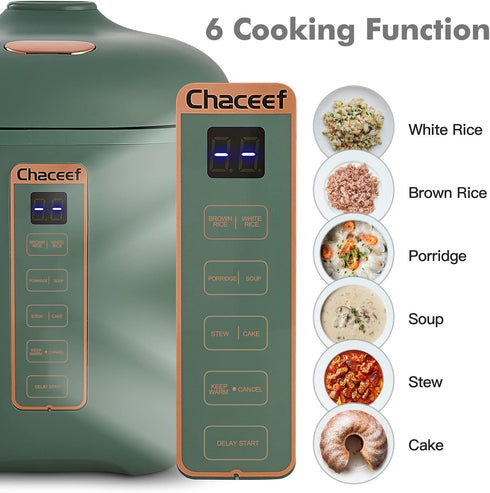 CHACEEF Mini Rice Cooker, 2-Cups Uncooked, 1.2L Portable Non-Stick Cooker with 24-Hour Timer & Food Steamer, Green