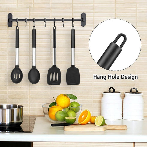 Pack of 4 Large Silicone Cooking Spatulas and Spoons, Non-stick Heat Resistant Kitchen Utensils, Black