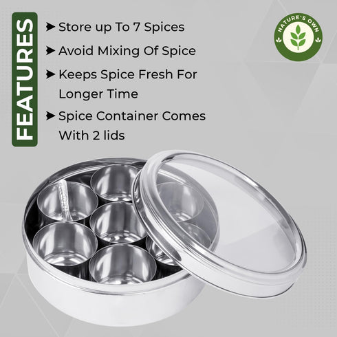 Nature's Own Stainless Steel Spice Box with Non-Breakable Transparent Glass, 7 Containers and 1 Spoon, Spice Box (22CM)