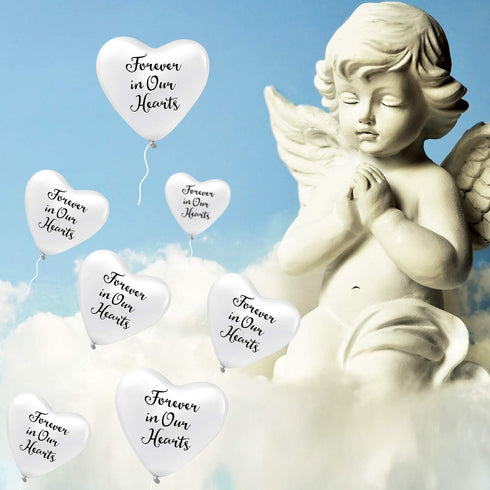 60 Pieces Memorial Balloons, Funeral Hearts Shape Latex Balloons with 2 Rolls White Ribbons