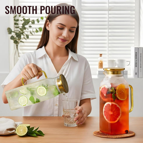 Snuvid 2 Pack 2 Liter/68 oz Square Glass Pitcher with Lid, Classic Stripes Water Pitchers with Handle for Fridge, Large