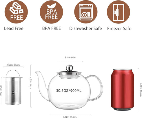 900ml CNGLASS Glass Teapot with Removable Infuser,Clear Tea Kettle Stovetop Safe,Blooming and Loose Leaf Tea Maker