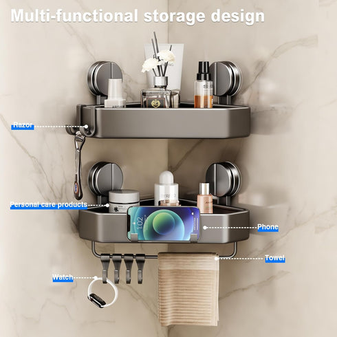 1 Pack Mustorn Suction Cup Shower Caddy Corner, Suction Corner Shower Shelves No Drilling, Rustproof Shower Organizer