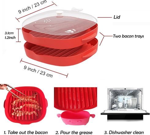 NICO SEE WONDER 2Pcs Microwave Easy Bacon Maker, Microwavable Grill Tray, Bacon's Cooker with Splatter Lid, Make Crispy