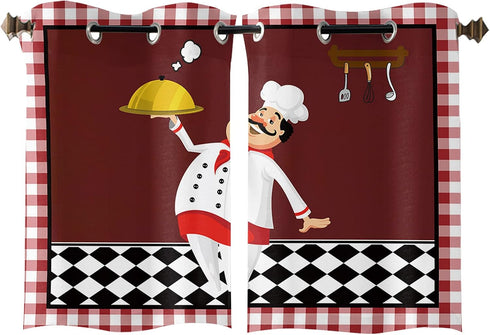 Kitchen Chef Gourmet 2 Piece Window Curtain for Bedroom Living Room, Red Checkered White Lace Drapes