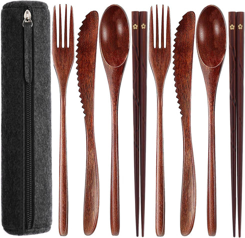 8 Pcs Reusable Wooden Utensils Set, Travel Cutlery with Case, Forks, Spoons, Chopsticks, Portable Lunch Silverware