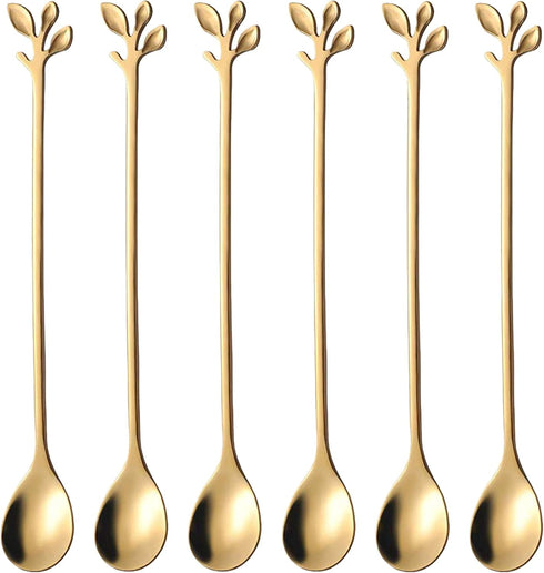 Long Handle Iced Tea Spoons Set of 6, Comicfs 7.6" Gold Leaf Cocktail Stirring Spoons, Dishwasher Safe