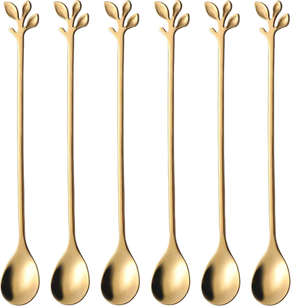 Long Handle Iced Tea Spoons Set of 6, Comicfs 7.6" Gold Leaf Cocktail Stirring Spoons, Dishwasher Safe