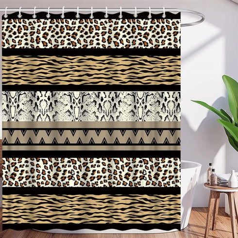 Brown Leopard Print Shower Curtain, 70x70 Inch, Geometric Stripes Patchwork Creative Art Bathroom Decor with Hooks