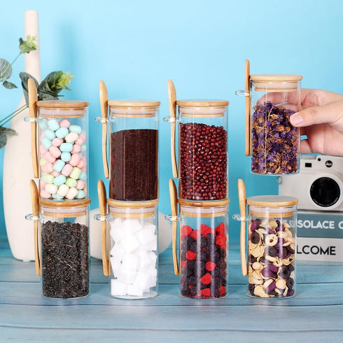 8Pack 10 OZ Countertop, Glass Jar with Bamboo Lid and Spoon, Tea Containers for Loose Leaf Tea, Salt and Sugar