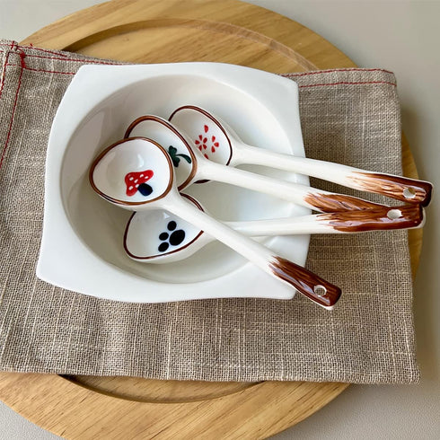 Vintage Ceramic Ramen Soup Spoons, 4 PCS Asian Tablespoon for Rice Noodles, Dessert, and Gravy - Mushroom (6.6 Inch)
