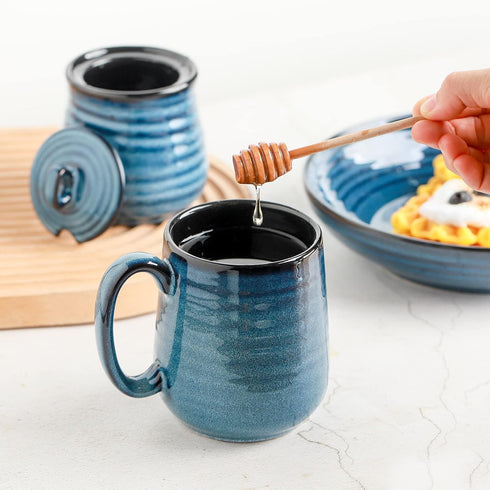 12 Set, HASENSE Ceramic Honey Pot with Lid, Ounce HoneyJar with Wooden Dipper, Honey Dipper Stick and Jar Cute Small