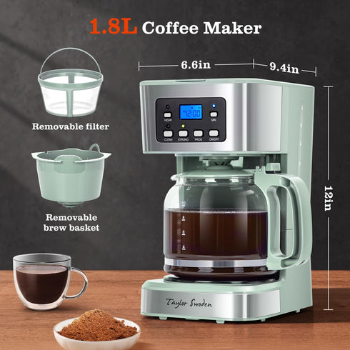 Taylor Swoden 12-Cup Programmable Coffee Maker - Regular & Strong Brew Drip Coffee Machine for Home and Office, Glass
