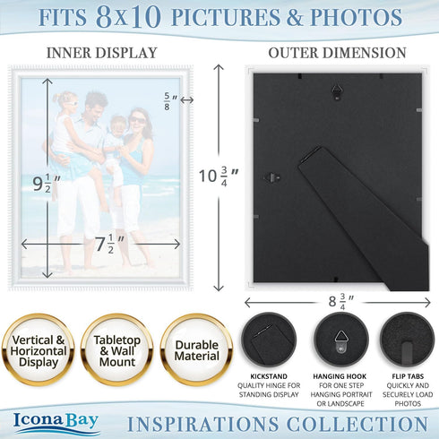 Icona Bay 8x10 Picture Frames, White, 6 Pack, Inspirations Collection, Wall Mount or Table Top