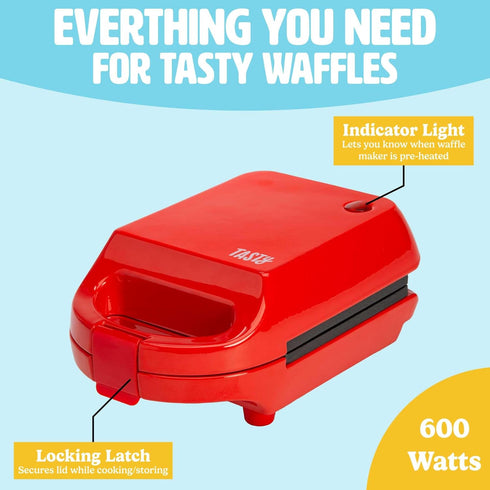 Tasty Mini Nonstick Waffle Maker, Perfect for Individual Waffles, Quick Results, 600W Red