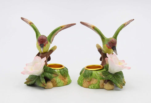 Fine Porcelain Hummingbird Candle Holder Pair with Apple Cherry Blossom Flowers, 3-5/8" H