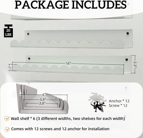 Set 6, 16 Inch Nursery Book Shelves of White Metal Floating Shelves for Wall, Scalloped Book Shelf for Kids Room