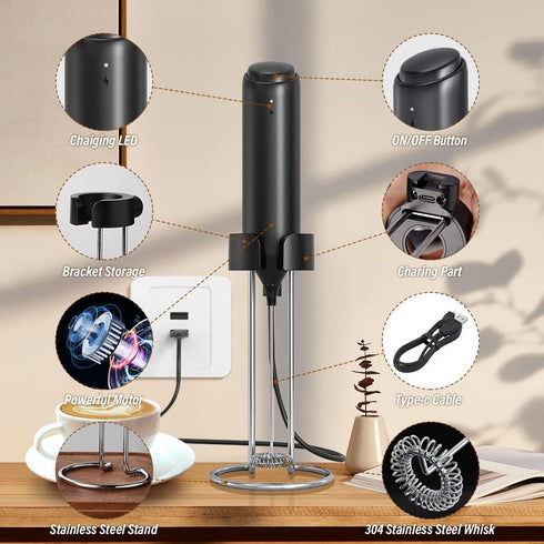 Rechargeable Handheld Milk Frother for Coffee, Electric Whisk with Wall Mounted Stand for Lattes, Hot Chocolate