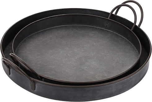 Hipiwe Set 2 13.6 inch 12.2 inch of Industrial Style Metal Iron Serving Tray with Handle, Rustic Galvanized Storage