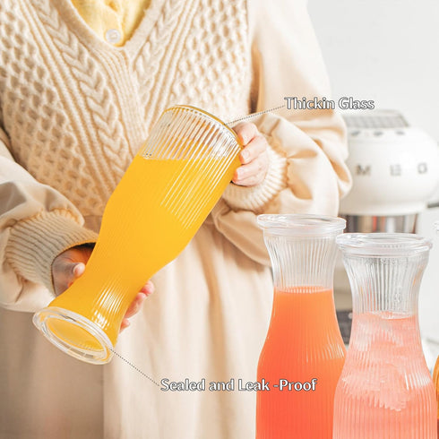 INSETLAN 1 Set 4- 4 Liter Ribbed Glass Carafe with Lid, of Juice Carafe for Mimosa Bar, Brunch,Parties, Beverage