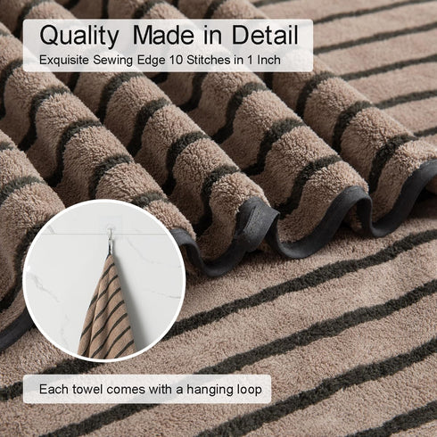 8 Set-2 Towels,2 Towels,4 600GMS Pcs Polyester Brown Cabana Stripe Large Bath Towel Bathroom Hand Washcloths