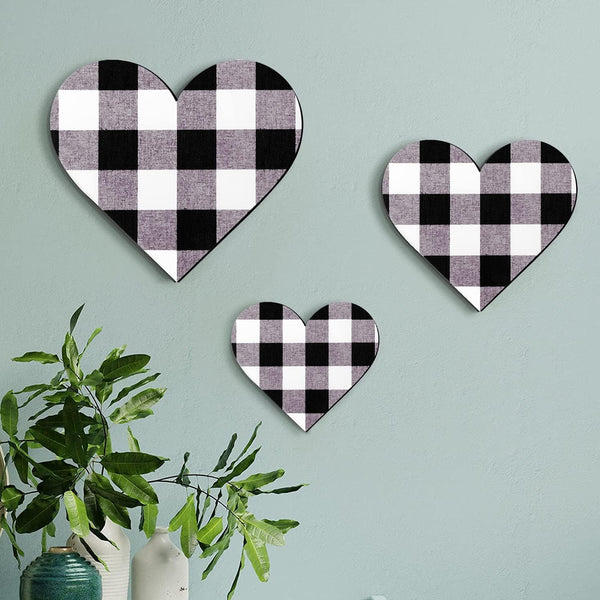 Jetec 3 Pcs Heart Shaped Wood Sign, Gray Purple Buffalo Plaid Decor, Wooden Heart Wall Sign, Rustic Hanging Love Plaque