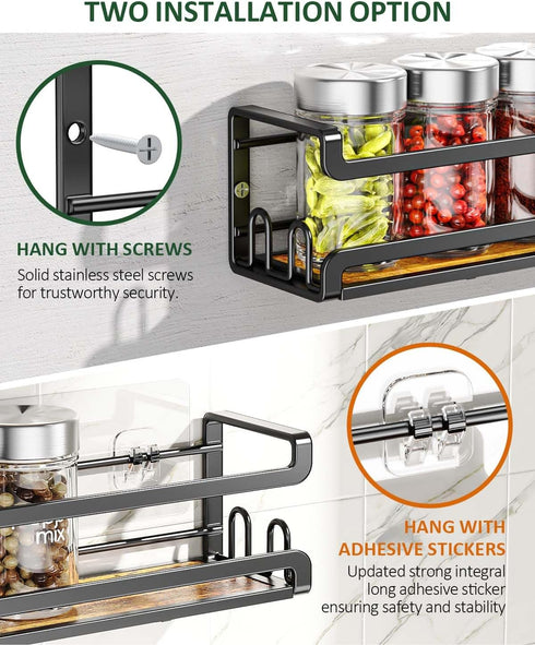 Doakhirmit 16 RV,2 Pack Wall Mounted Spice Rack with Hooks, Rustic Wood Spice Organizer Shelf for Stove Cabinet Pantry