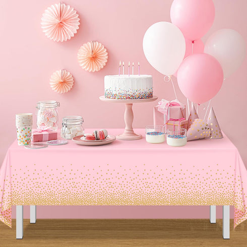 4 Pack 54x108 FunnyPars Pink and Gold Plastic Tablecloth for Parties, Pink Disposable Table Cloth for Rectangle Tables