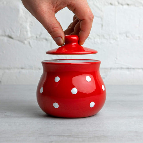 City to Cottage Ceramic Sugar Bowl with Lid, 10oz Sugar Container for Coffee Bar, Handcrafted Red Polka Dot