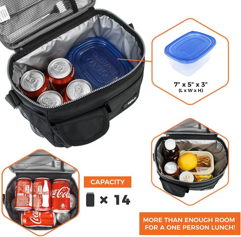 opux Insulated Lunch Bag for Men Women - Leakproof Black Lunch Box for Work, Portable Soft Cooler Bag, 14 Can/8L