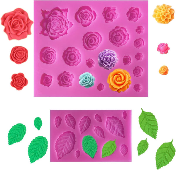SIENON 33 Cavity Silicone Molds for Rose Flowers and Leaves, Fondant Candy, Cupcake Toppers, Wedding Cake Decoration