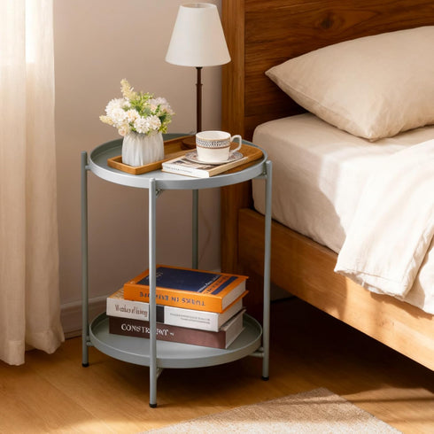 2-Tier HollyHOME Round Side Table, Outdoor Small Folding Accent Stand with Removable Tray, Anti-Rust Metal Asional