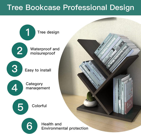 3-Tier Godferyxin Tree Bookshelf, Wood Small Bookshelf and Mini Bookcase for Office, Home or School Desk Book Shelf