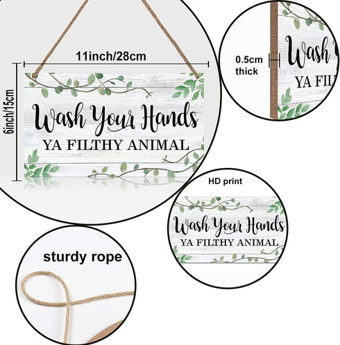 LHIUEM Wash Your Hands Ya Filthy Animal Sign, Funny Bathroom Wooden Hanging Wall Art, Green Plant Wood Plaques for Home