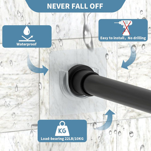 Adhesive Shower Rod Holders, Tension Rod Invisible Holders, No Drilling|Heat Resistant| Waterproof| Max Load 22 lbs, Tension Curtain Rod Holders for Wall,4 Pieces Transparent (Rod Not Included)