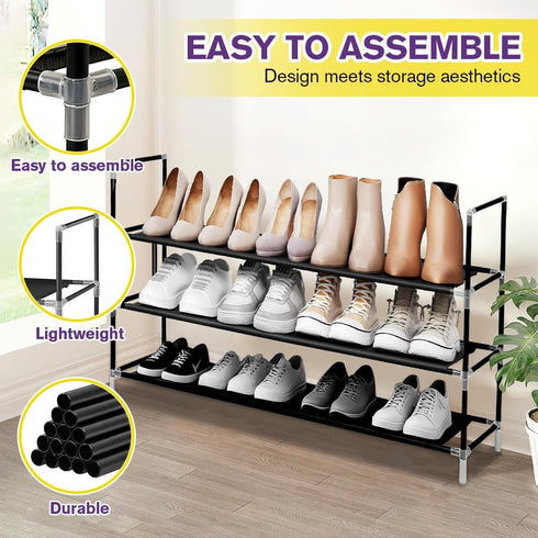 XSBAIHUO 3-Tier Closet, 30cm(D) 92cm(W) 55cm(H) (3-Tier Shoe Rack - Non-Woven Stackable Shoe Shelves for Entryway