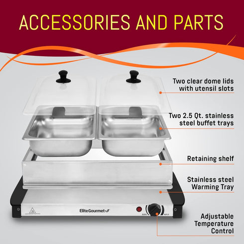 Elite Gourmet EWM-6122 Buffet Server with Dual 2 x 2.5 Qt. Trays, Food Warmer, Stainless Steel