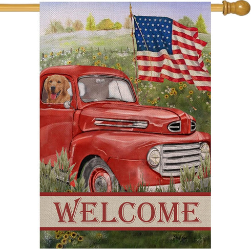 Welcome Summer American Red Truck 4th of July Flag, 28x40 Garden Yard Lawn Decor for Patriotic America