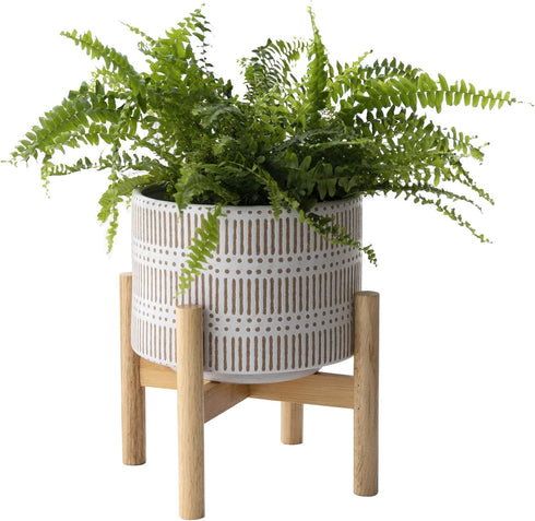 LA JOLIE MUSE Ceramic Plant Pot with Wood Stand - 7.3 Inch