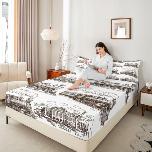 Set 3pcs 2 Manfei Train Kids Fitted Sheet Queen Size, Retro Steam Locomotive Train Bedding for Boys Girls Room Decor
